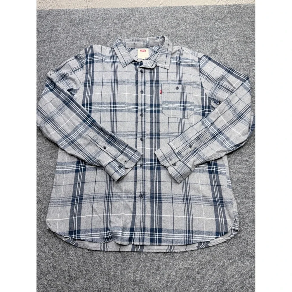 Levis Mens XXL Grey Navy Blue Plaid Long Sleeve Button Down Shirt 3LGLW1341 NEW